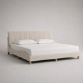 Telaio matrimoniale imbottito beige 160 × 200 cm con testa da letto e letto con latte