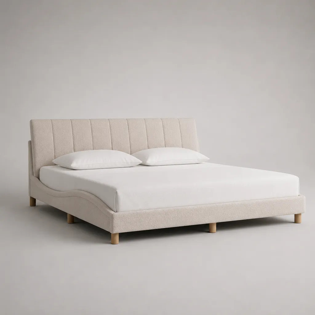 Telaio matrimoniale imbottito beige 160 × 200 cm con testa da letto e letto con latte