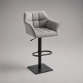 Sgabello da bar regolabile e girevole con braccioli in tessuto grigio e metallo nero, 55 × 52 × 89–110 cm