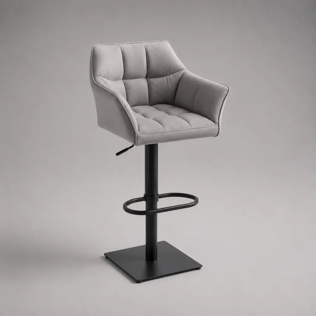 Sgabello da bar regolabile e girevole con braccioli in tessuto grigio e metallo nero, 55 × 52 × 89–110 cm