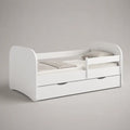 Letto per bambini un quadrato in legno bianco con barriera e 2 cassetti, 80 × 160 cm, dimensioni 164 × 85 × 75 cm