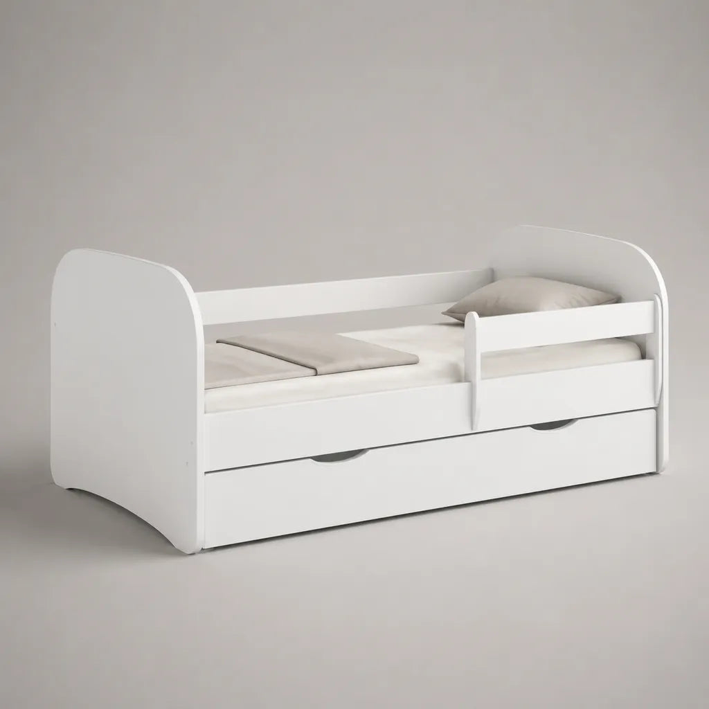 Letto per bambini un quadrato in legno bianco con barriera e 2 cassetti, 80 × 160 cm, dimensioni 164 × 85 × 75 cm