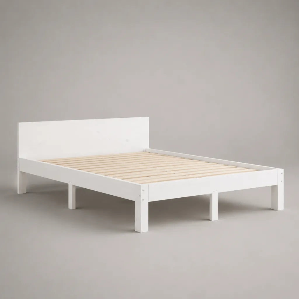 Cornice letto matrimoniale in legno bianco 140 × 200 cm con piano letto con latte e testa letto rettangolare