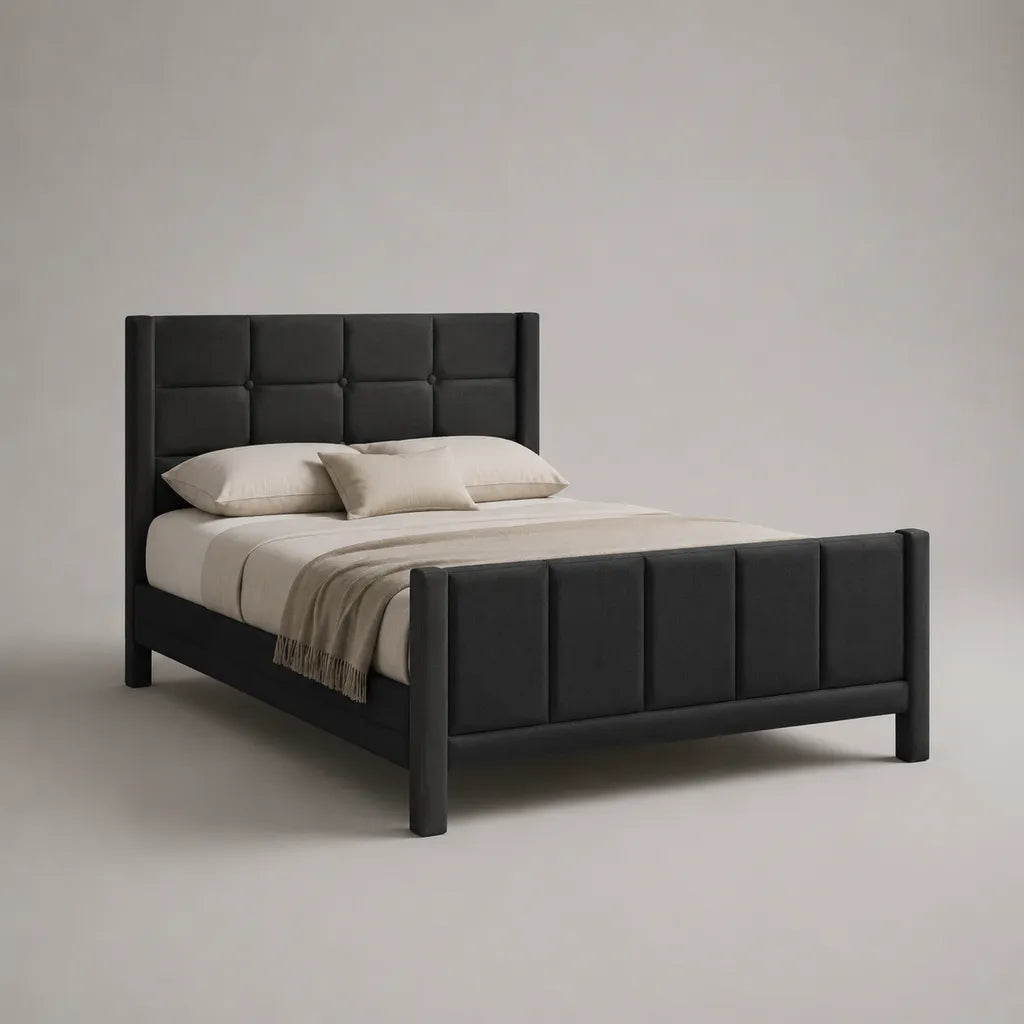 Letto matrimoniale imbottito in pelle nera con testa imbottita e letto a piedi, letto 160 × 200 cm