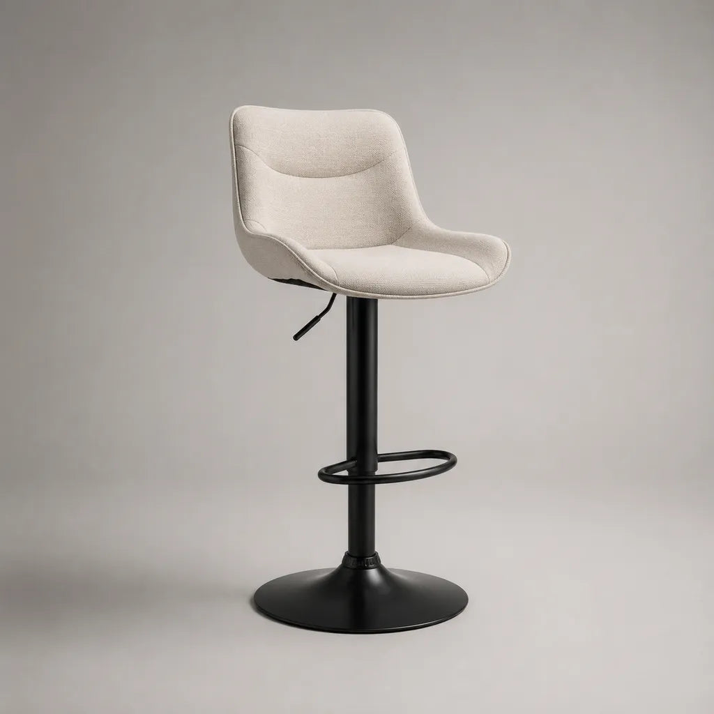 Sgabello da bar girevole regolabile in altezza in tessuto beige e acciaio nero, 51 × 52 × 86-106 cm