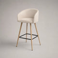 Sgabello imbottito in velluto poliestere beige con schienale, braccioli, piedi e poggiapiedi in acciaio, 55 × 56 × 102 cm, altezza seduta 76 cm