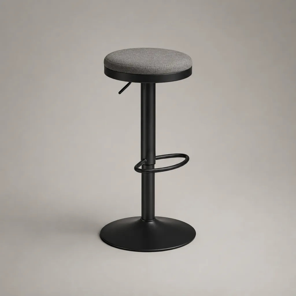 Sgabello da bar regolabile in acciaio termolaccato nero con seduta rotonda in tessuto grigio, 39 × 39 × 60-81 cm