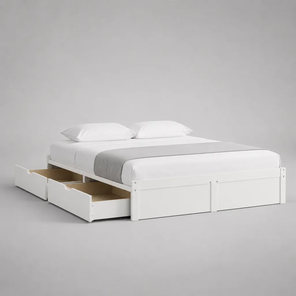 Letto matrimoniale in pino bianco massiccio con letto con latte e 4 cassetti laterali, letto 160 × 200 cm