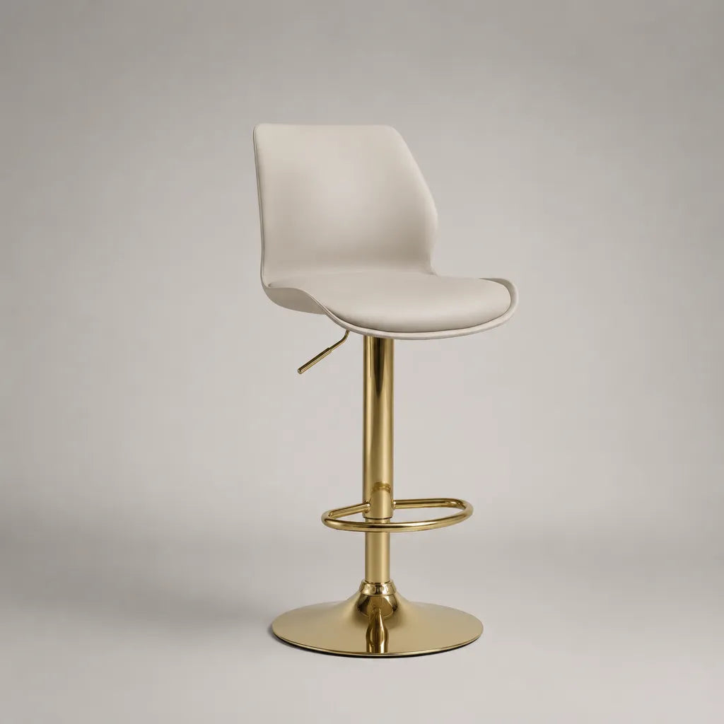 Sgabello da bar regolabile e girevole in PU bianco e acciaio oro, 45 × 48 × 86-107 cm