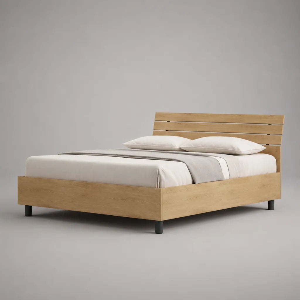 Letto matrimoniale 160 × 200 cm in pannelli in melamina, testata in latte, rovere naturale e nero, 210 × 168 × 100 cm