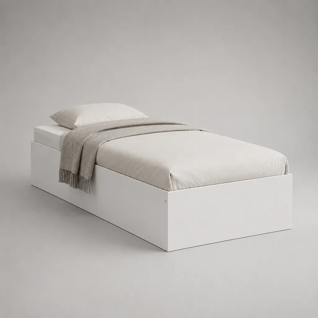 Letto singolo bianco in pannello di particelle in melamina, letto 90 × 200 cm, dimensioni 96 × 205 × 40 cm