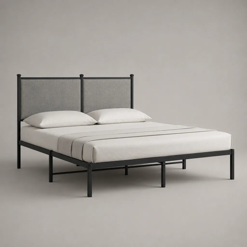 Letto matrimoniale 160 × 200 cm in acciaio nero con testa di letto in tessuto grigio