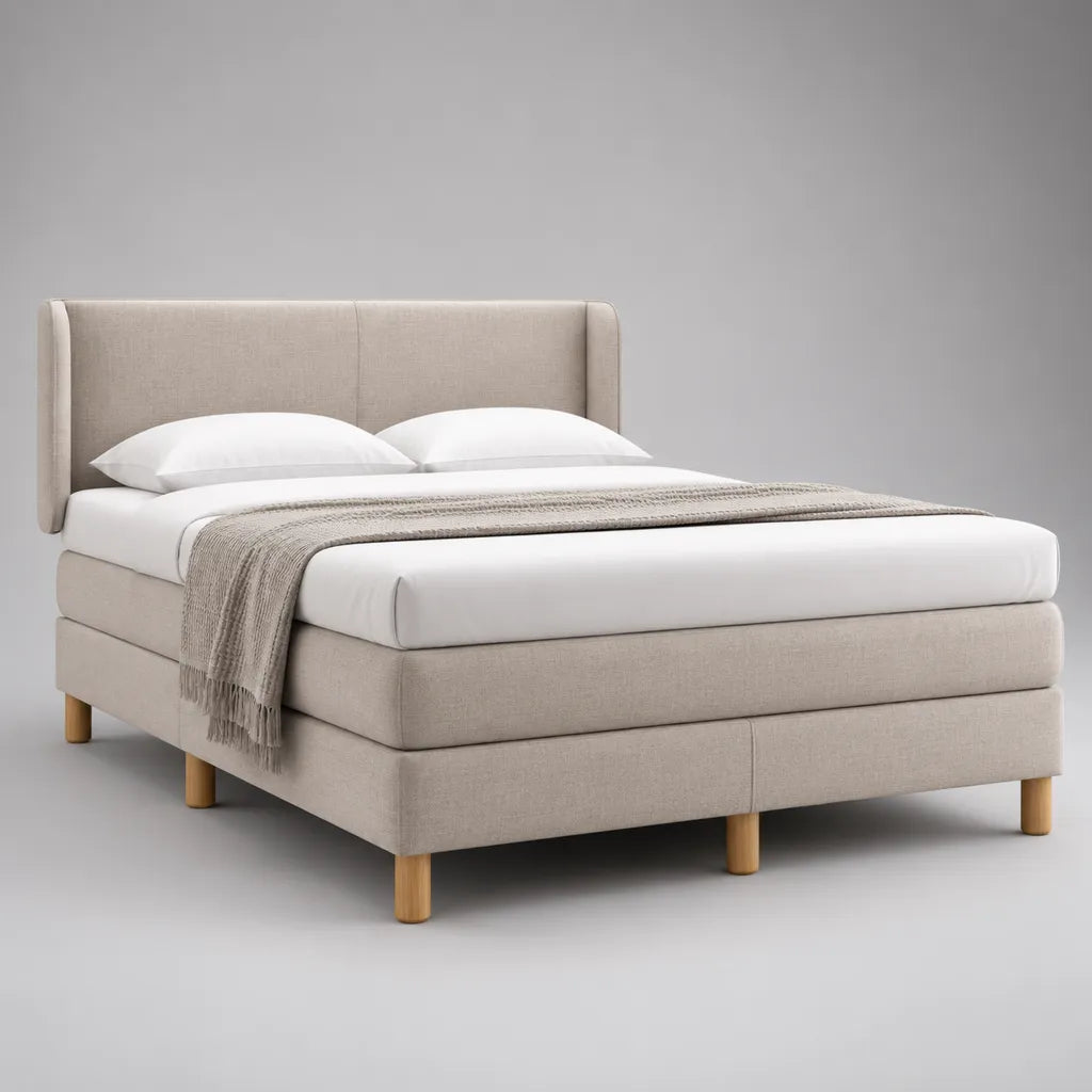 Letto matrimoniale imbottito beige 160 × 200 cm con letto con latte e testiera