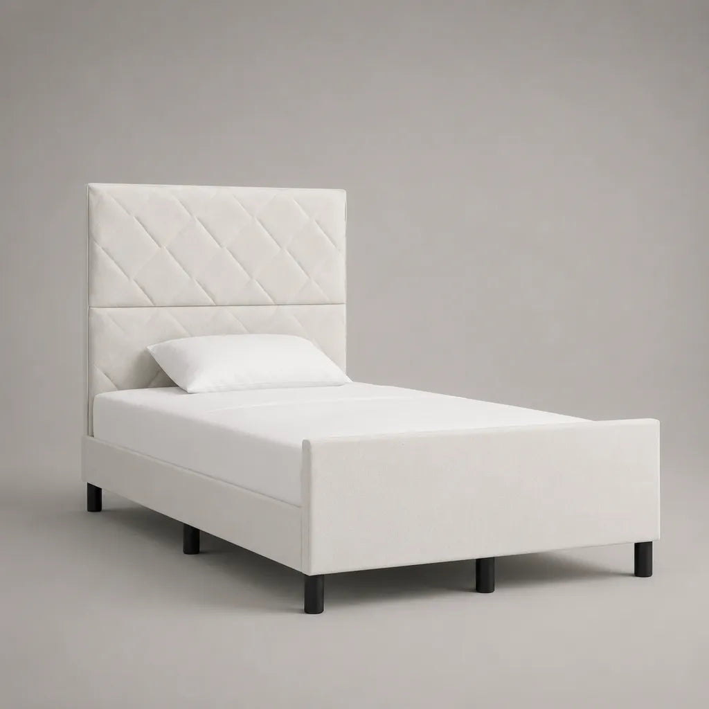 Letto singolo imbottito in tessuto bianco con testata, letto 90 × 200 cm, dimensioni 98 × 212 × 130 cm