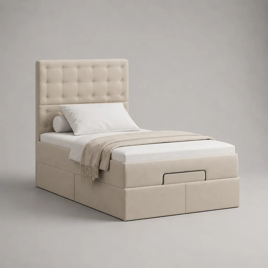 Letto singolo imbottito in tessuto crema con stoccaggio integrato, 105 × 215 × 140 cm, letto 90 × 200 cm
